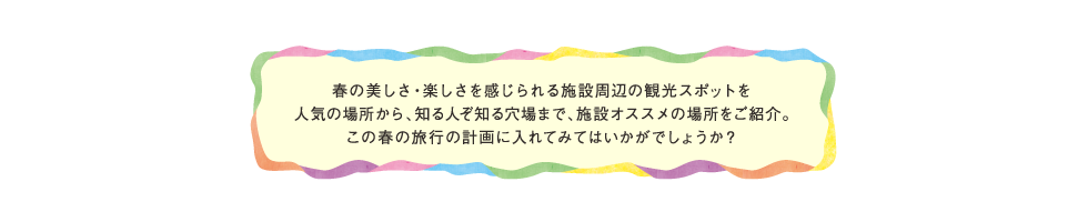 春の美しさ・楽しさを感じられる施設周辺の観光スポットを人気の場所から、知る人ぞ知る穴場まで、施設オススメの場所をご紹介。この春の旅行の計画に入れてみてはいかがでしょうか？